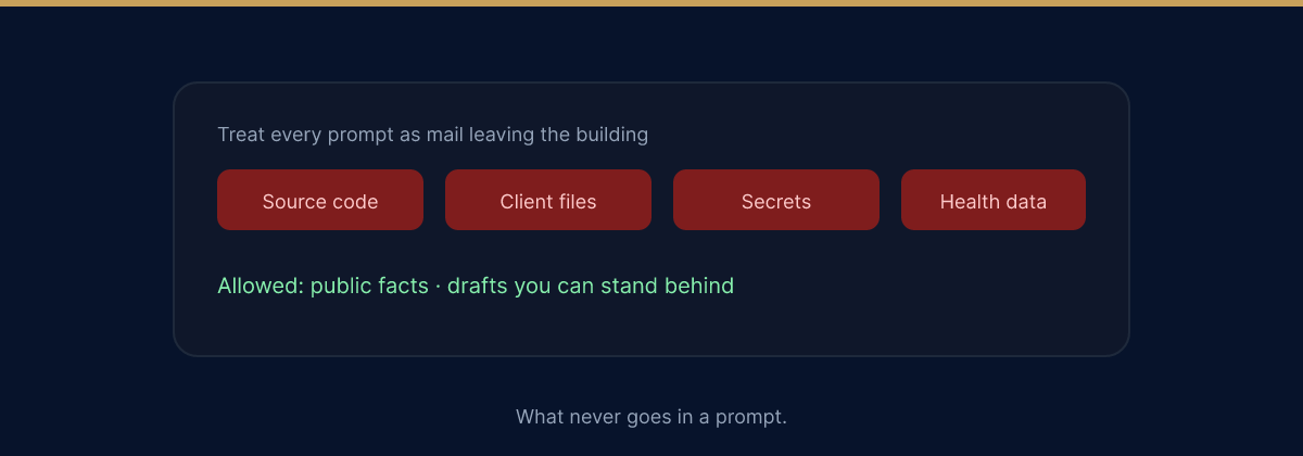 Banned in a public prompt: source code, client files, secrets, and health data.